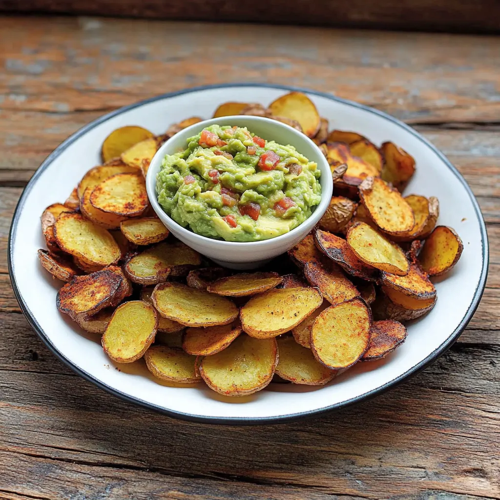 Um prato cheio de papas fritas e guacamole.