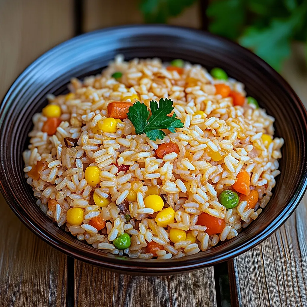 Um prato de arroz com carne e vegetais.