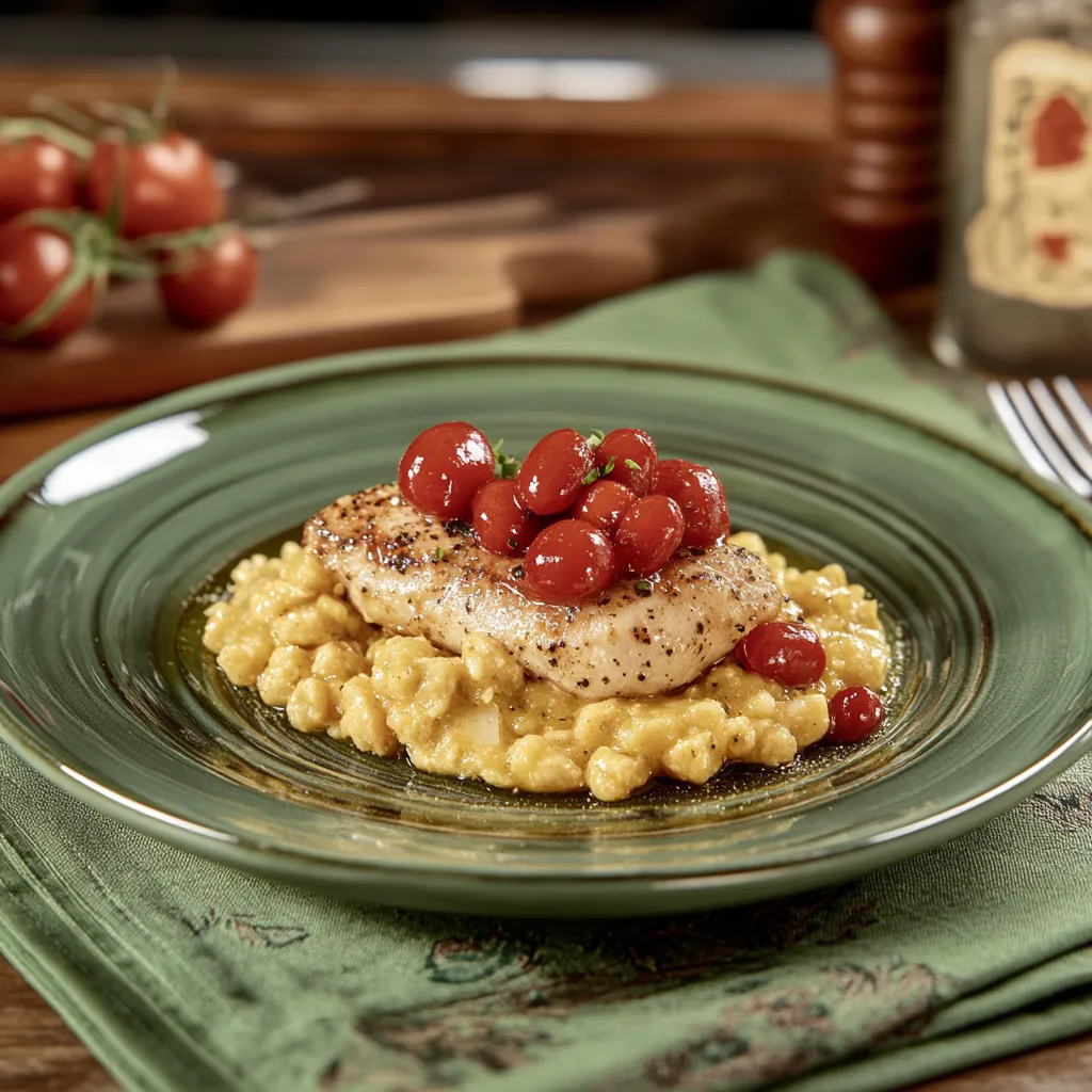 Um prato de comida com peixe, tomates e arroz.