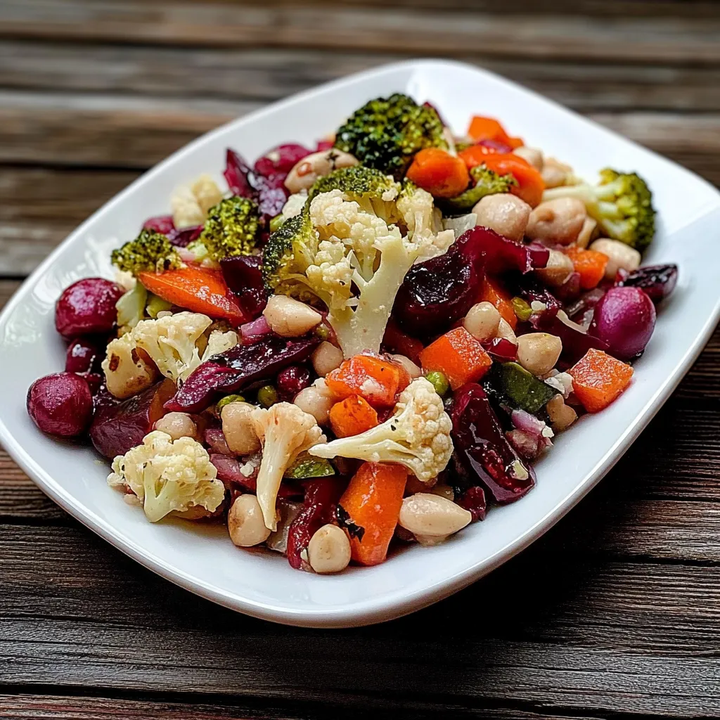 Um prato de frutas e legumes, incluindo cenoura, abóbora, caramelo, coco, alho, pimentões, feijão, castanhas e nozes.