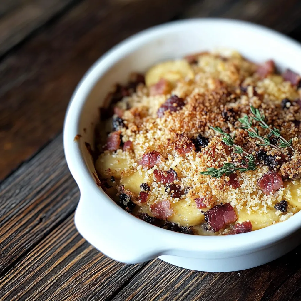 Um prato de macarrão com bacon e cebola.