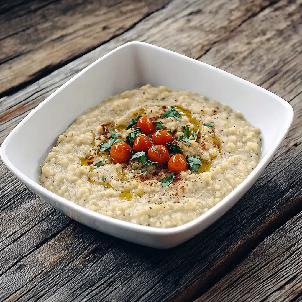 Um prato de cereais com tomates e alho.
