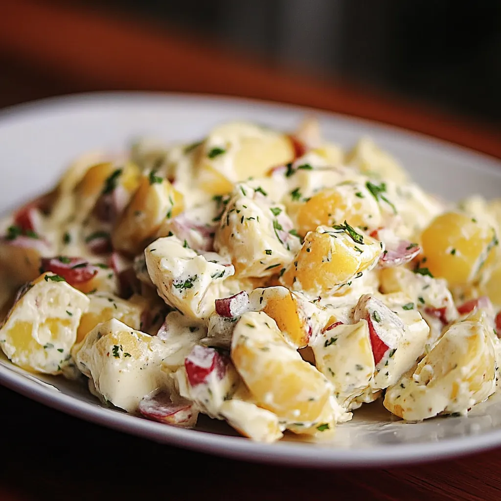 Um prato de salada com batatas e cebola.
