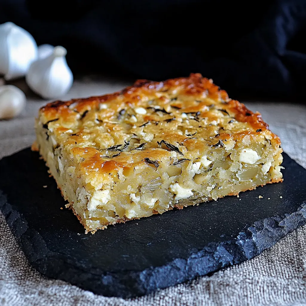 Um pedaço de queijo com ervas e alho.