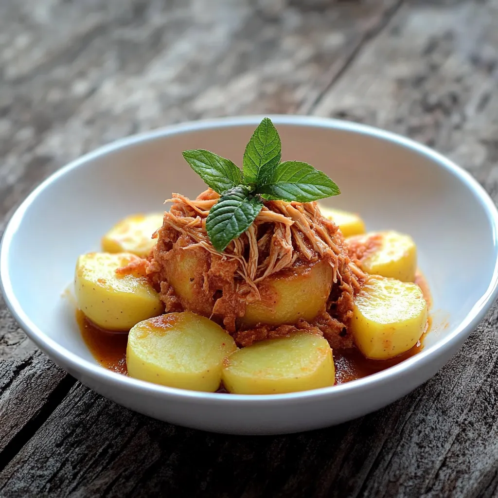 Um prato com carne, batatas e folhas verdes.