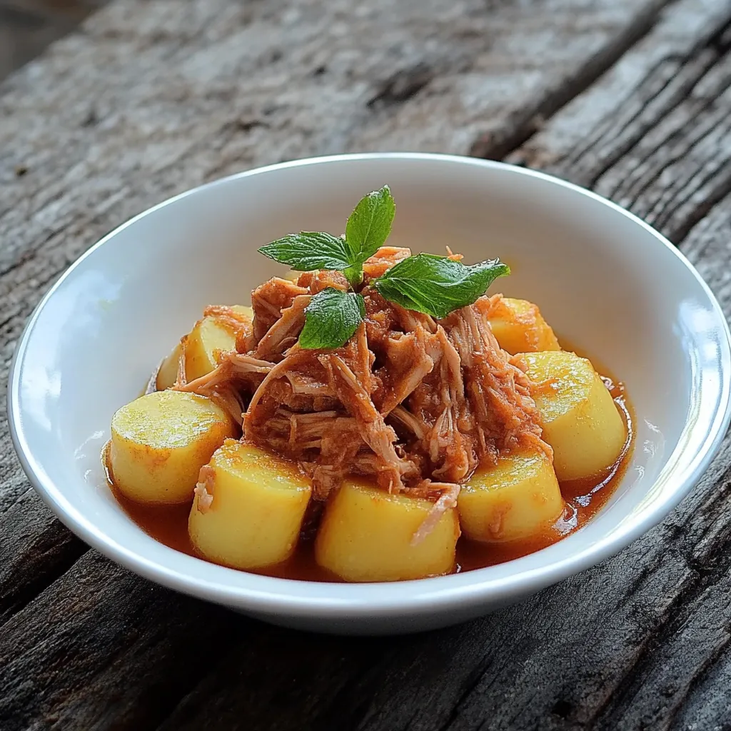 Um prato de comida com carne, batatas e ervas.