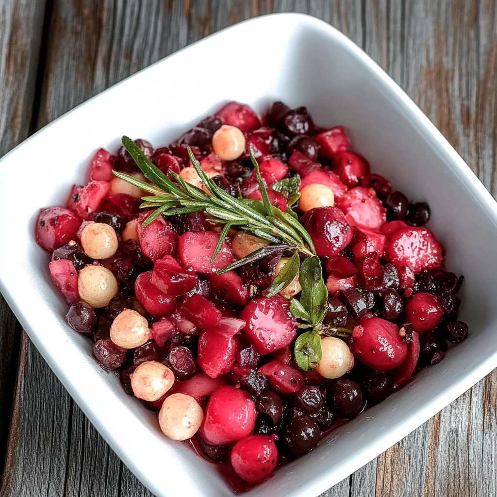 Um prato de frutas com cranberry, cereja e nozes.