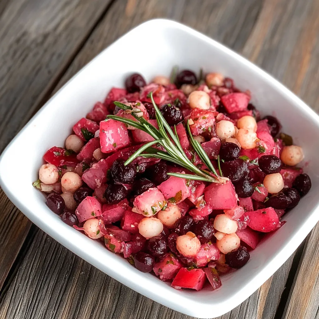 Um prato de frutas vermelhas e amarelas com ervas.