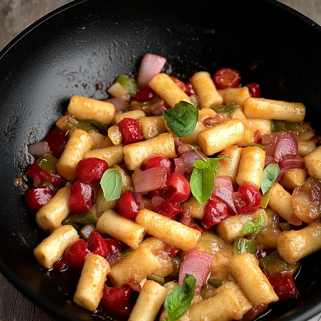 Um prato de macarrão com cebola e tomate.