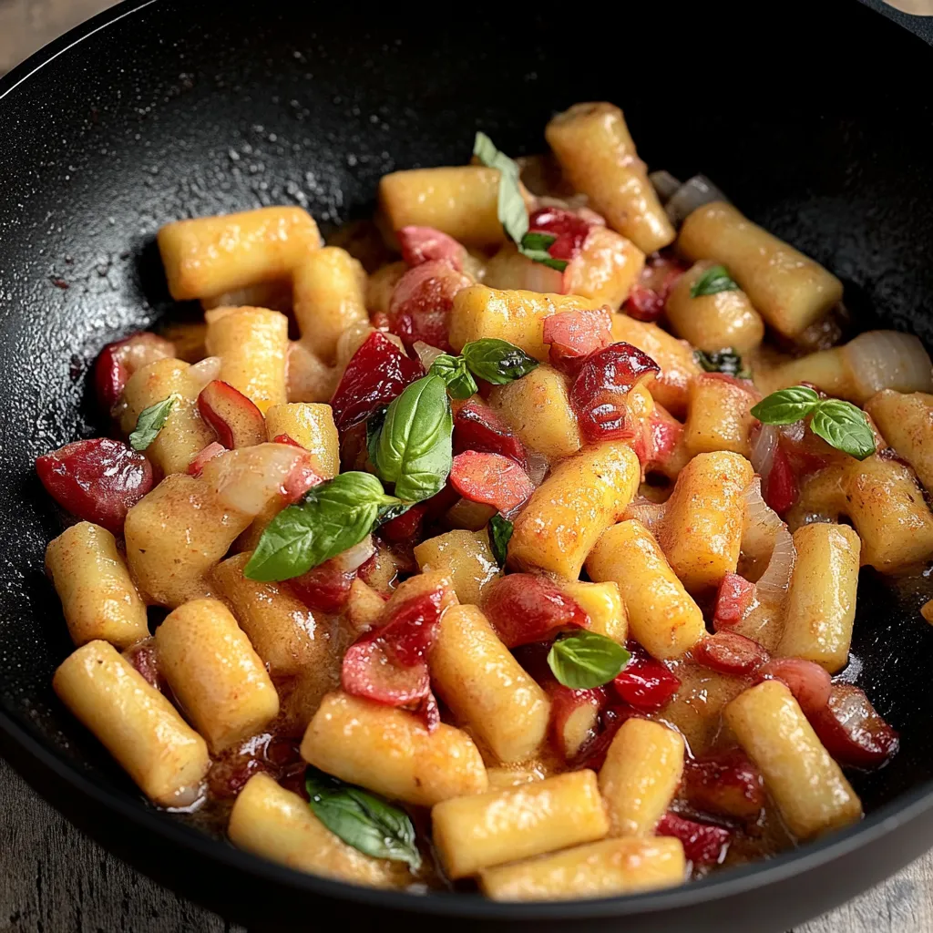 Um prato de macarrão com cebola e bacon.