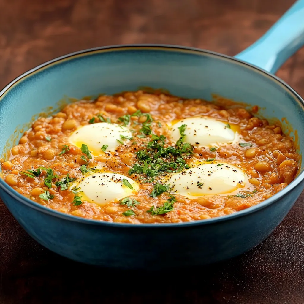 Um prato de sopa com ovos e cebola.