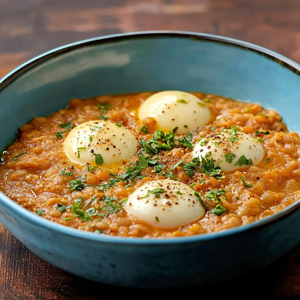 Um prato de sopa com ovos e ervas.