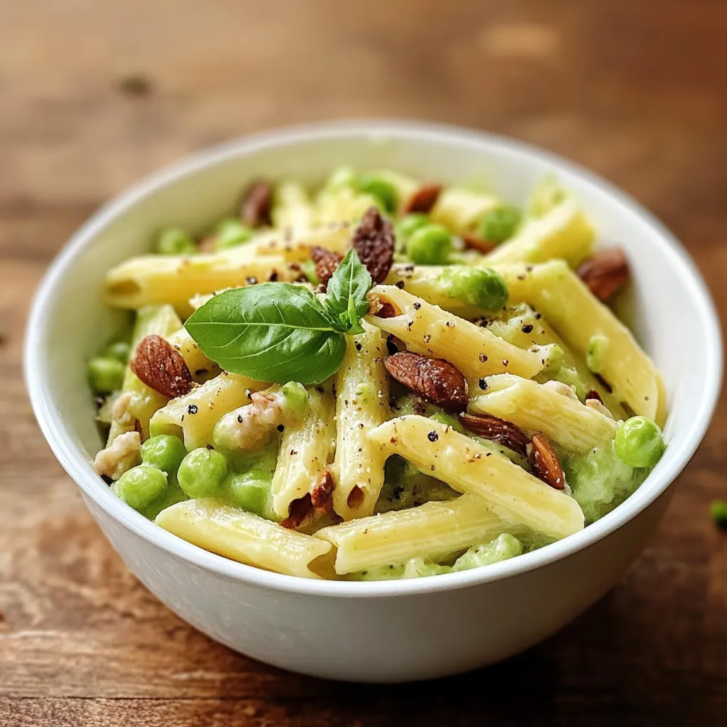 Um prato de macarrão com vegetais e frutos secos.