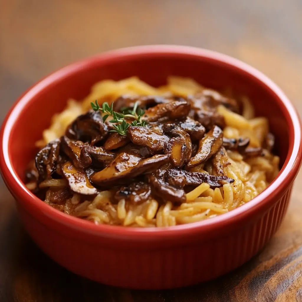 Um prato de macarrão com carne de vaca e cebola.