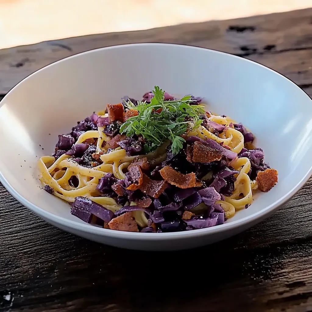Um prato de macarrão com cebola e bacon.