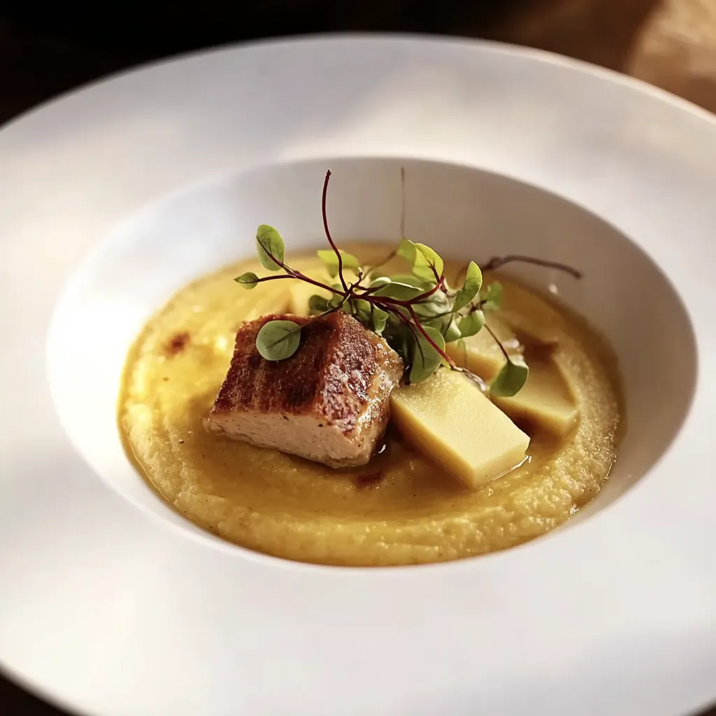 Um prato de sopa com uma fatia de carne e ervas.