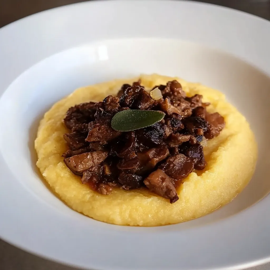 Um prato de macarrão com carne e ervas.
