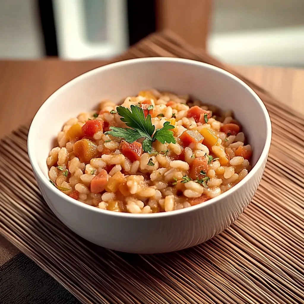 Um prato de arroz com carne e vegetais.