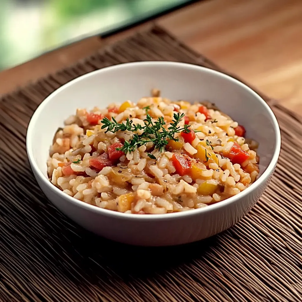 Um prato de arroz com vegetais.