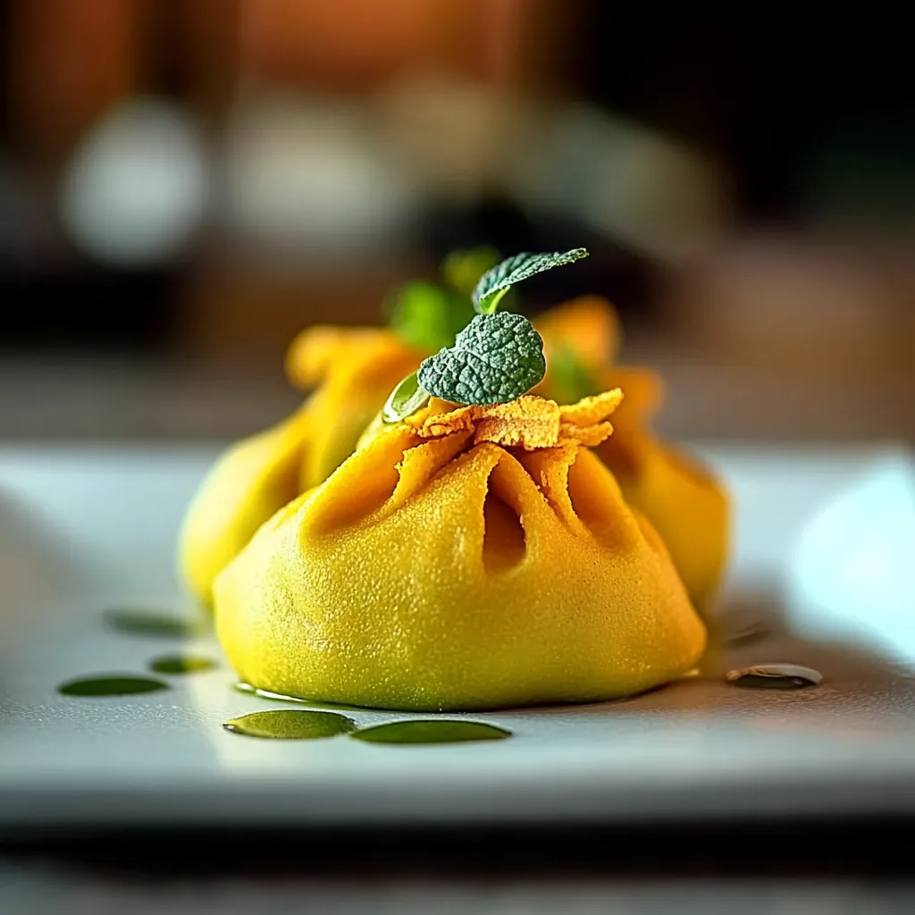Um prato com um pão de frango com uma folha de menta no topo.