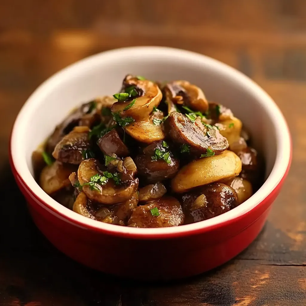 Um prato com carne e cogumelos.