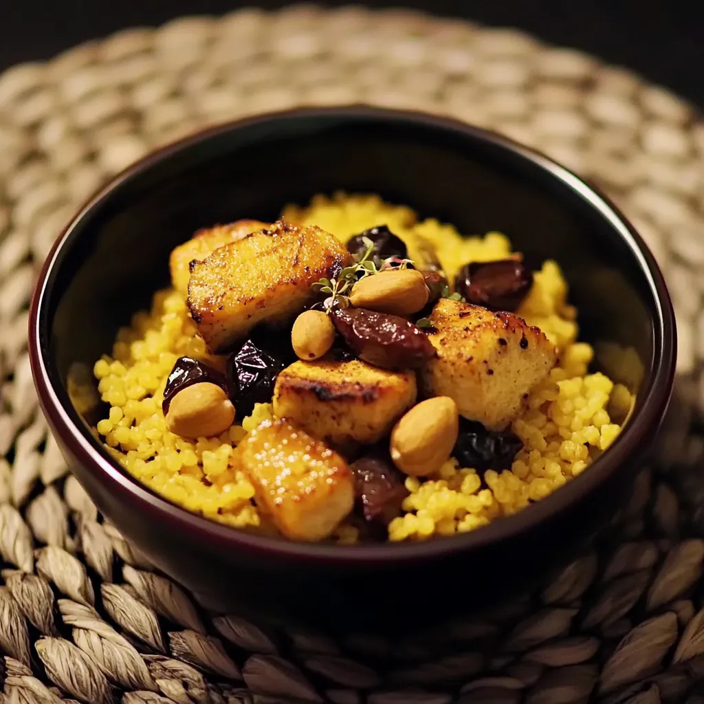 Um prato de arroz com frutas e nozes.