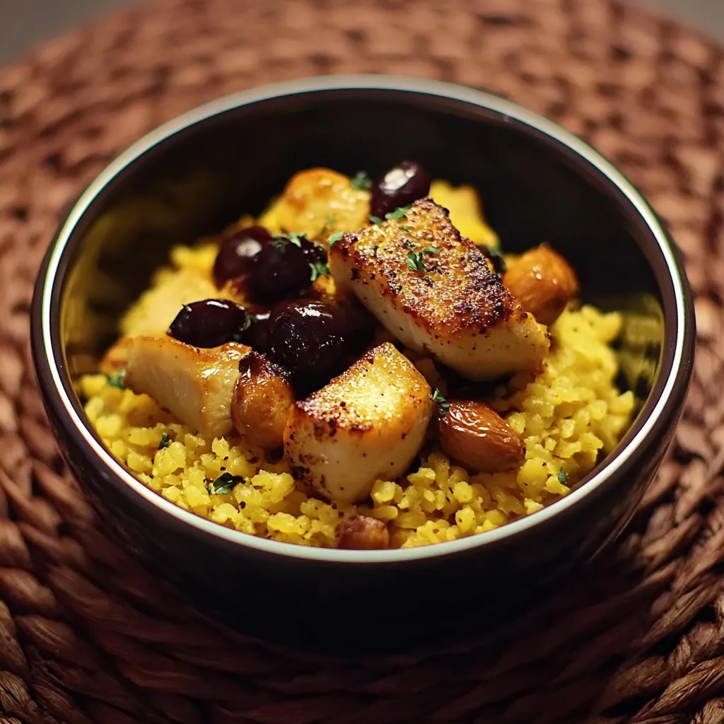 Um prato de comida com arroz, frutas e carne.