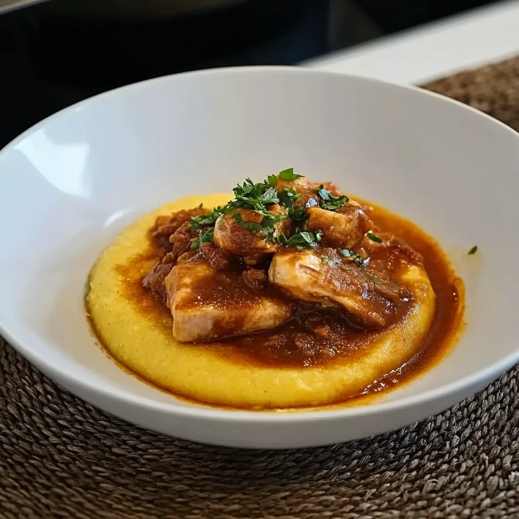 Um prato com carne e molho.
