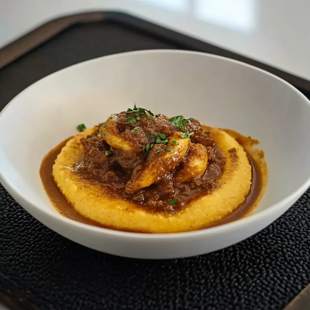 Um prato com carne e batatas.