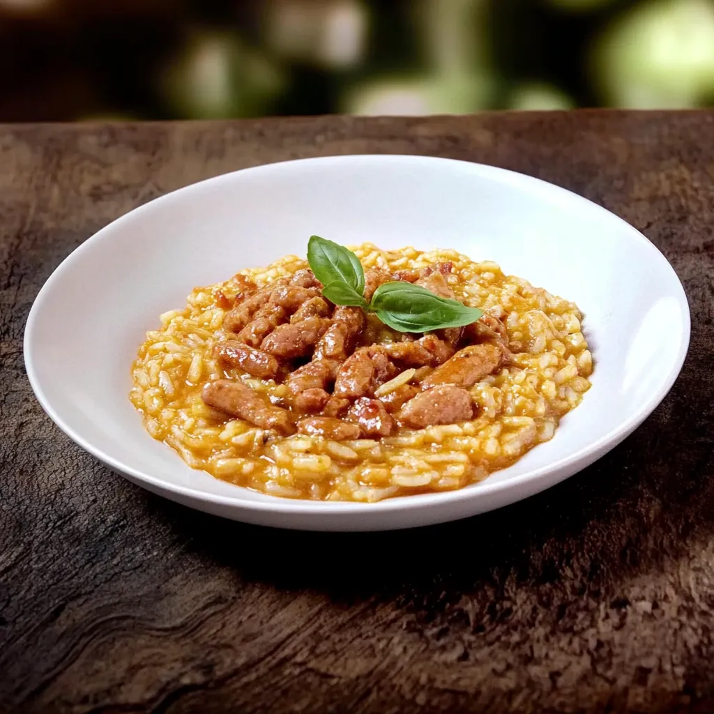 Um prato de arroz com carne e folhas verdes.