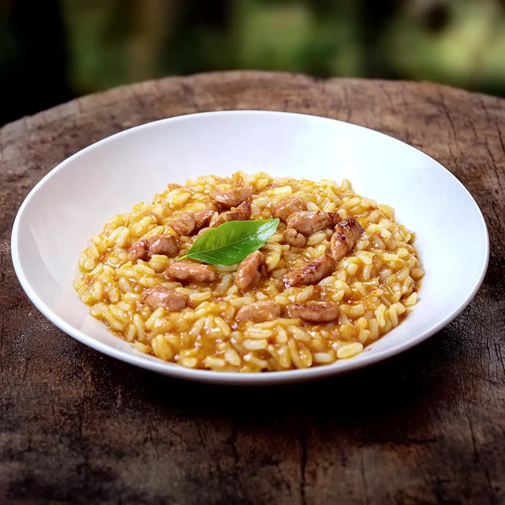 Um prato de arroz com carne e folhas verdes.