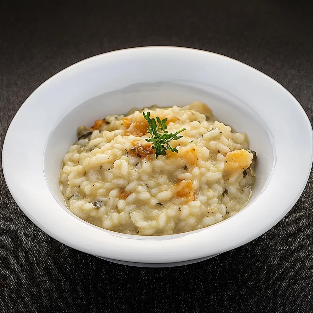 Um prato de arroz com caramelo e ervas.