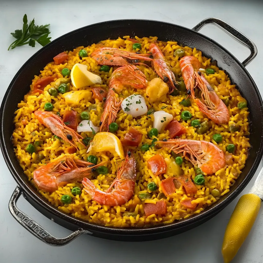 A pan of food with shrimp, peas, and lemon.