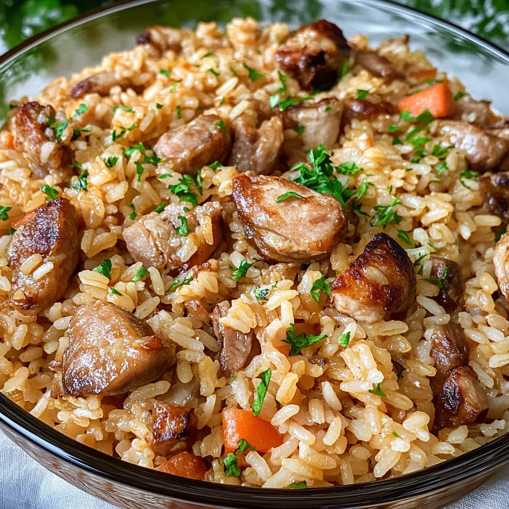 Arroz com carne e vegetais.