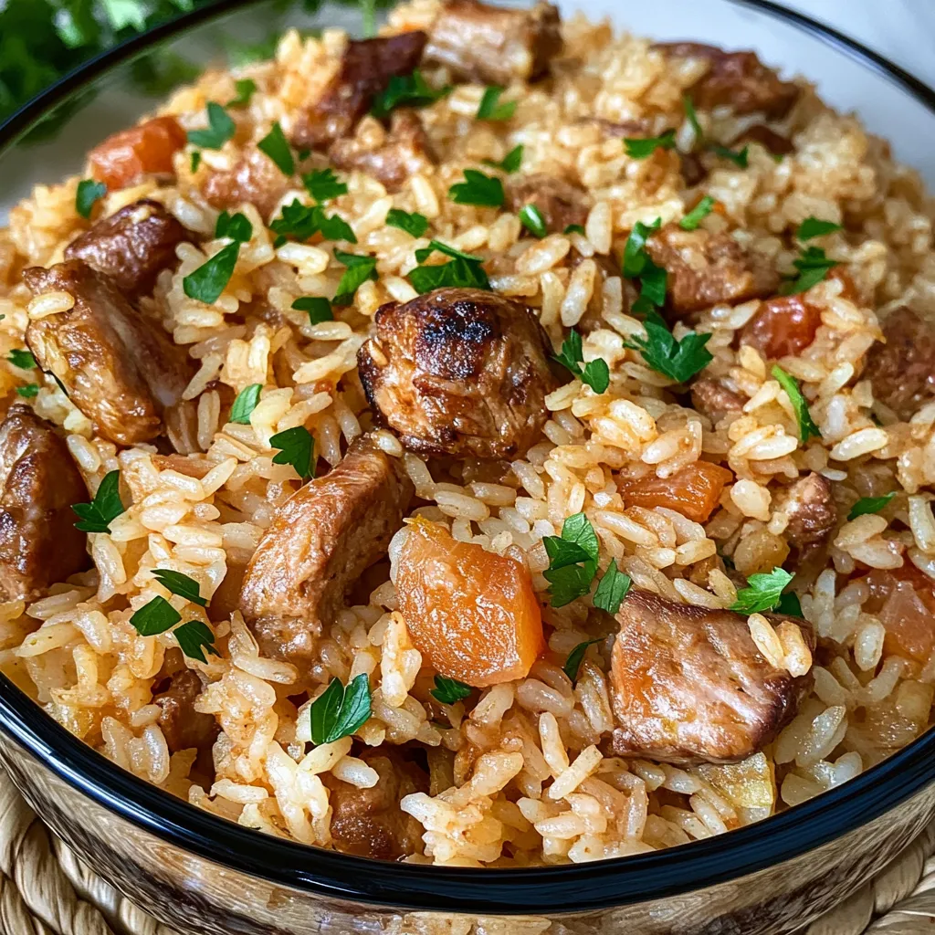 Arroz com carne e cebola.