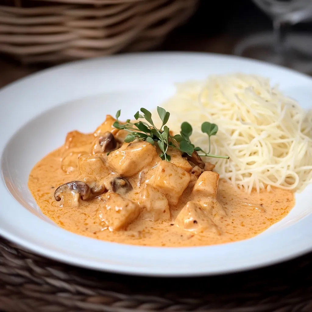 Um prato com carne e macarrão.
