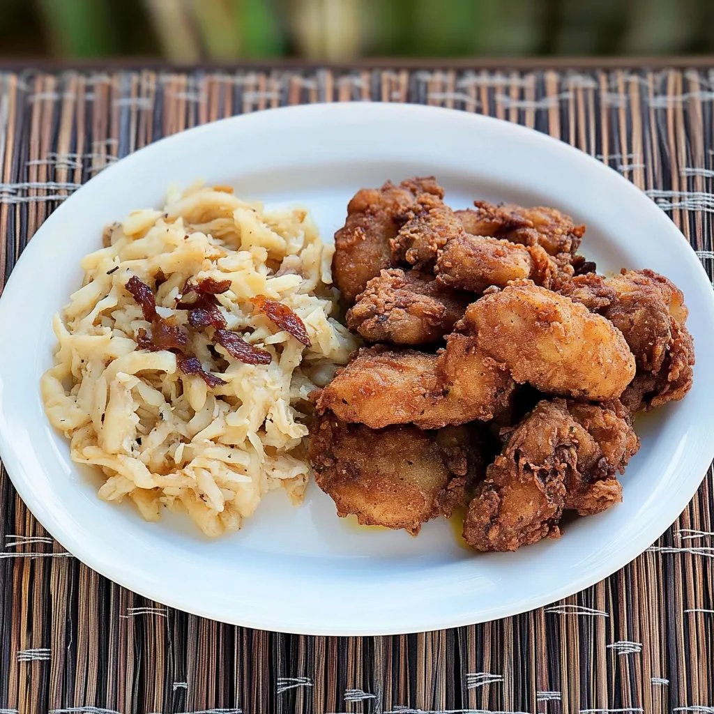 Um prato com macarrão, frango grelhado e batatas.