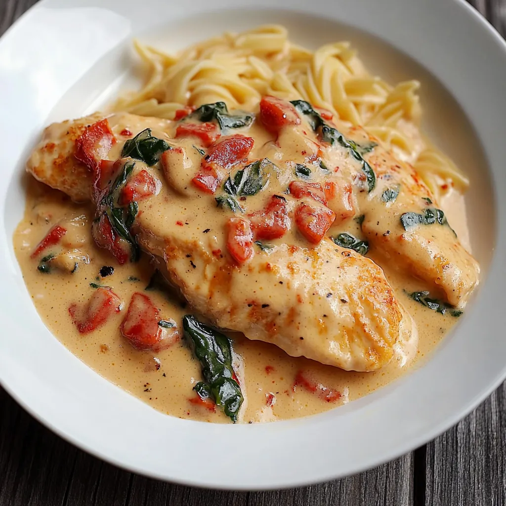 Frango com espinafre e macarrão.