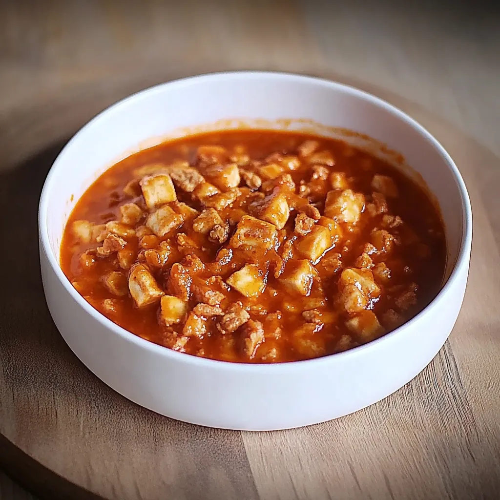 Um prato de sopa com carne e tomate.
