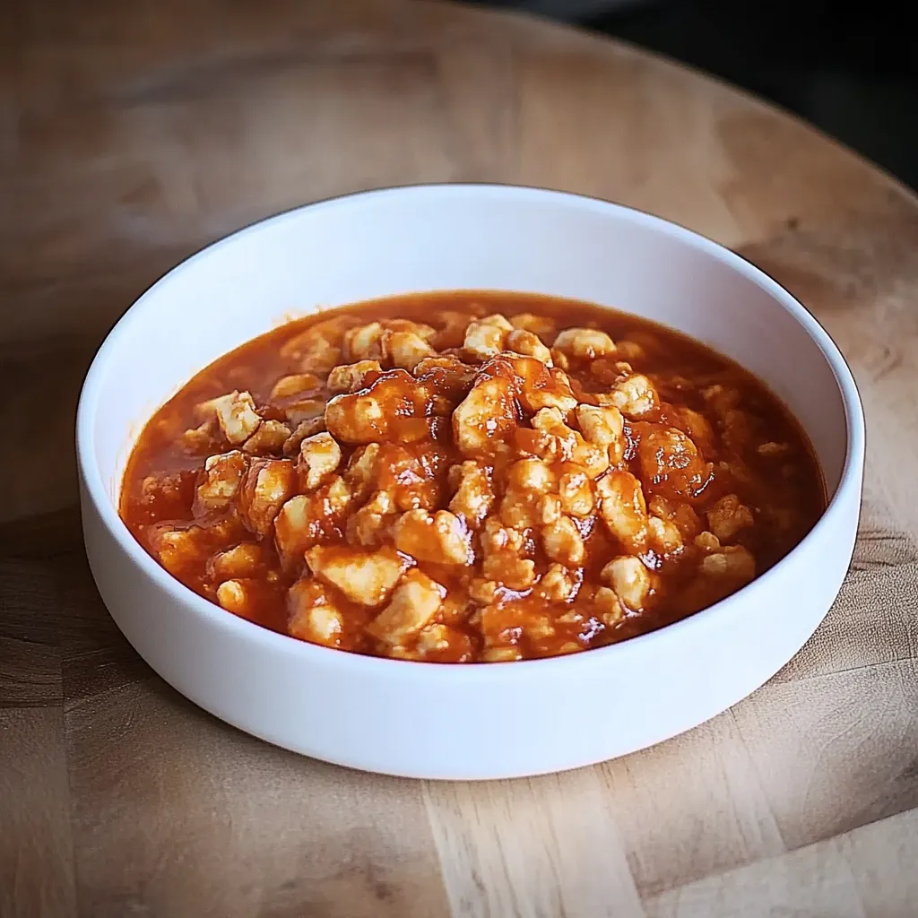 Um prato de sopa com carne e tomate.