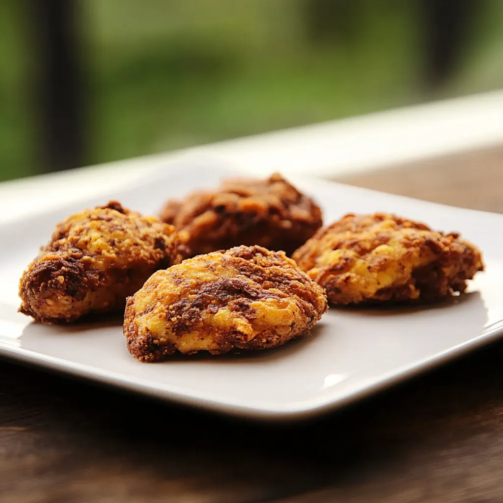 Quatro pequenos pães de frango em um prato branco.