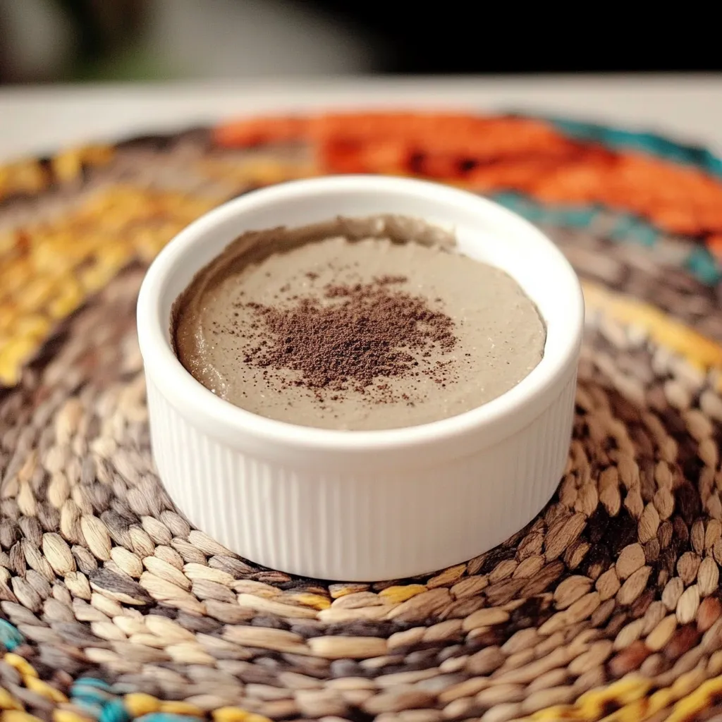 Um copo de creme de chocolate em uma toalha colorida.