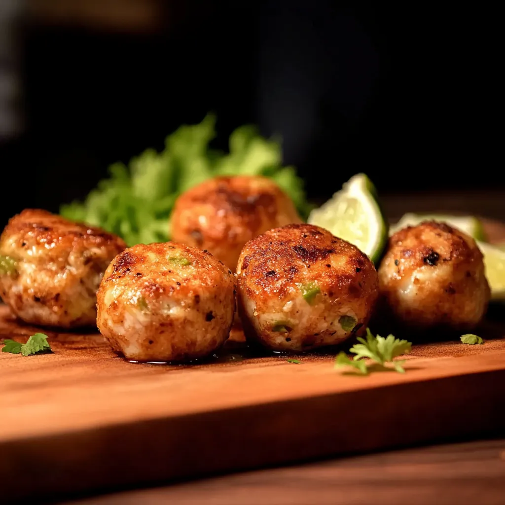 Quatro bolinhas de carne assada em um pedaço de madeira.