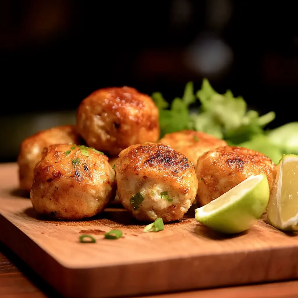 Quatro bolinhas de carne assada em um pedaço de madeira.