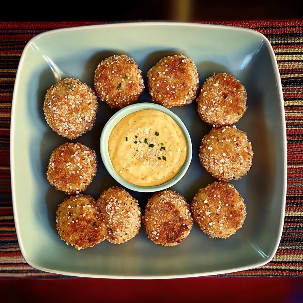 Um prato com croquetes e uma tigela de mostarda.