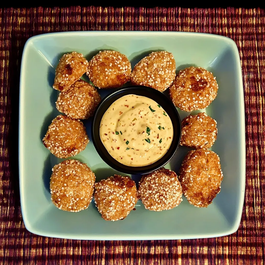 Um prato com bolinhas de frango e uma tigela de guacamole.