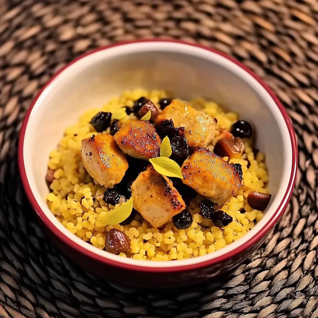 Um prato de arroz com frutas e carne.