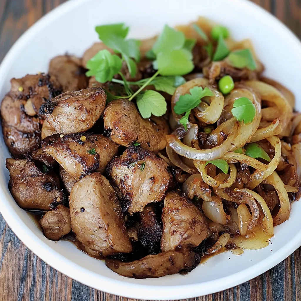 Um prato com carne assada, cebola e alho.