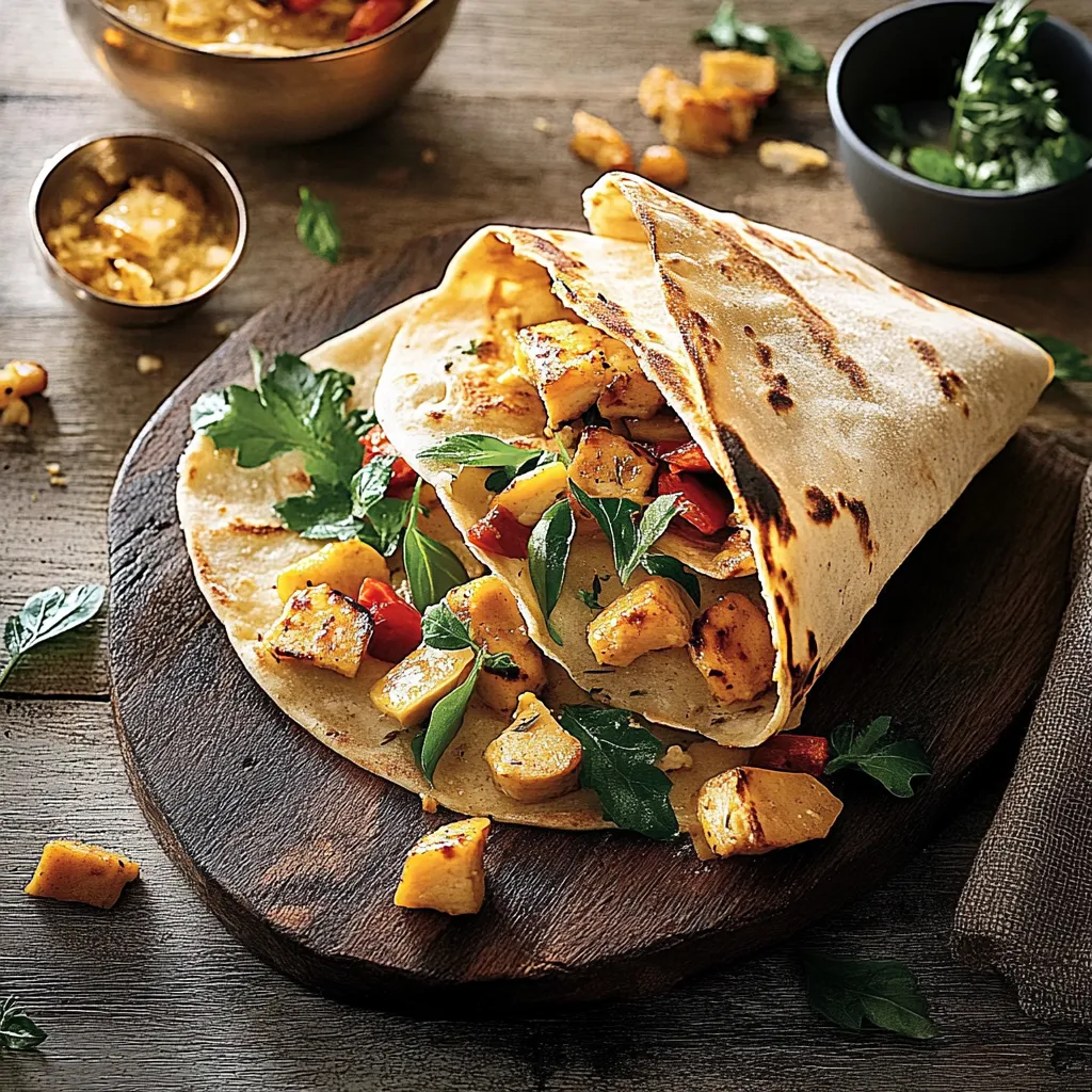 Pão de tortilla com vegetais e carne.