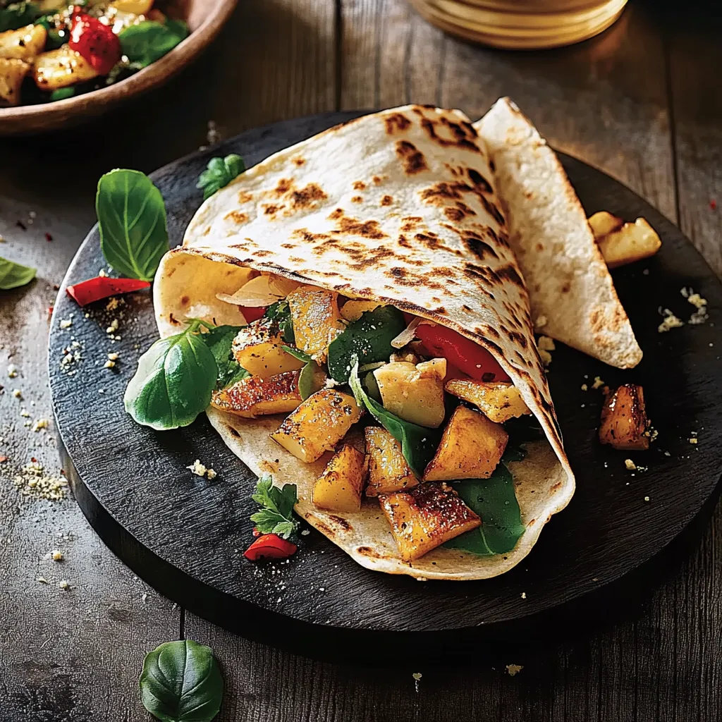 Tortilla com vegetais e carne.
